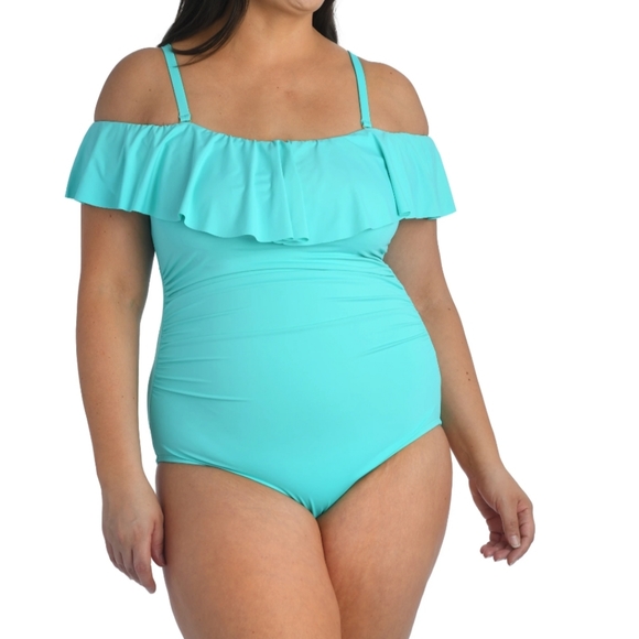 La BlancaPlus Size Island Goddess Off Shoulder Ruffle One Piece Swimsuit - Picture 3 of 4